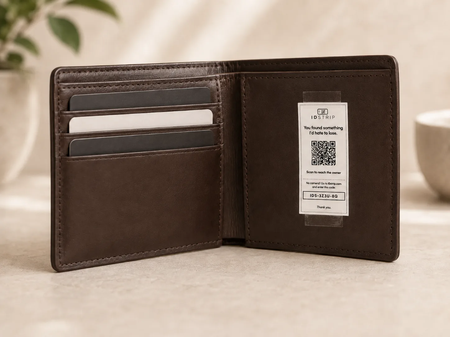 IDstrip extra-small lost-and-found tag tucked into a leather wallet